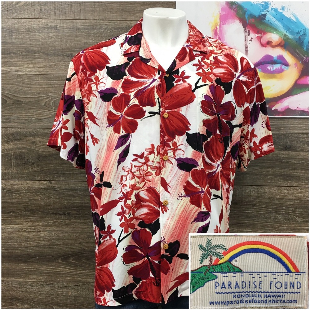 Paradise Found Mens XL Hawaiian Shirt Red Floral Hibiscus Rayon Made in Hawaii